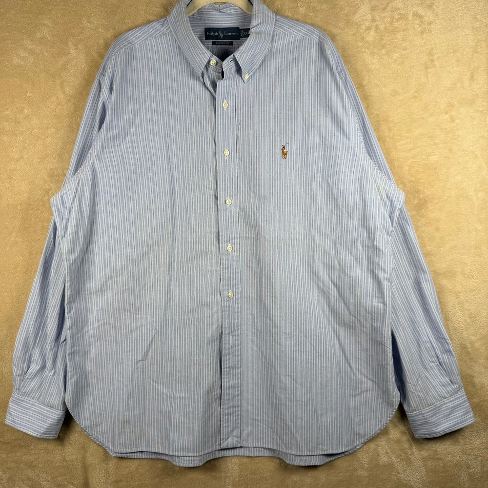 Ralph Lauren XXL Mens Blue White Striped Shirt Classic Fit Long Slv Flesh Pony